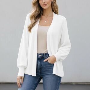 LOFT Cardigan Knit Sweater Open Front Ivory White Oversized Statement Sleeves XS